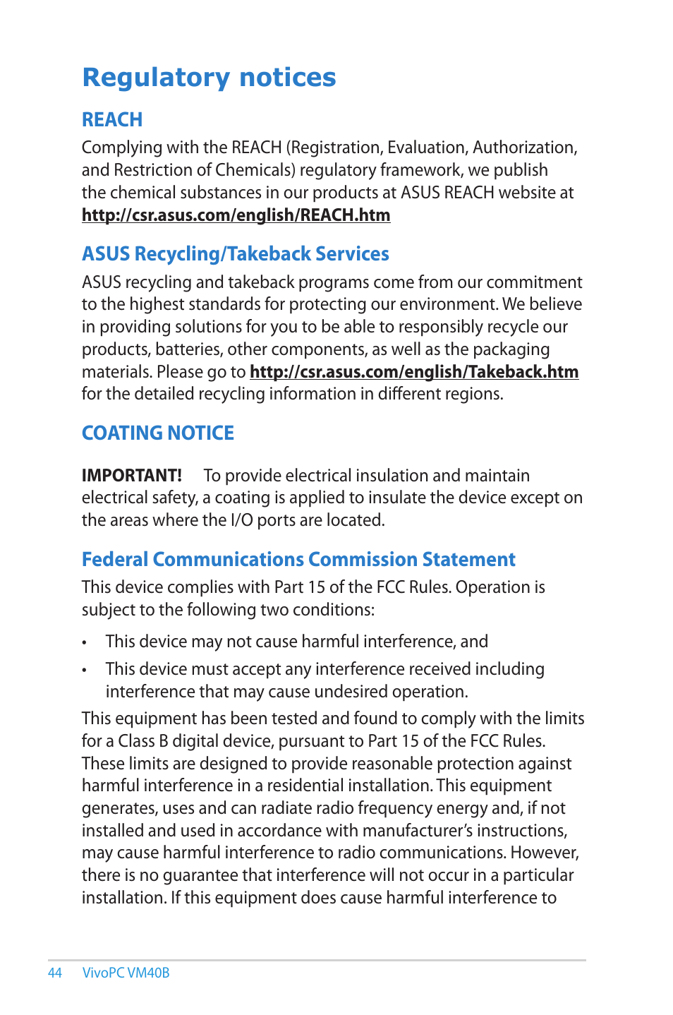 Regulatory notices, Reach, Asus recycling/takeback services | Coating notice, Federal communications commission statement | Asus VM40B User Manual | Page 44 / 52