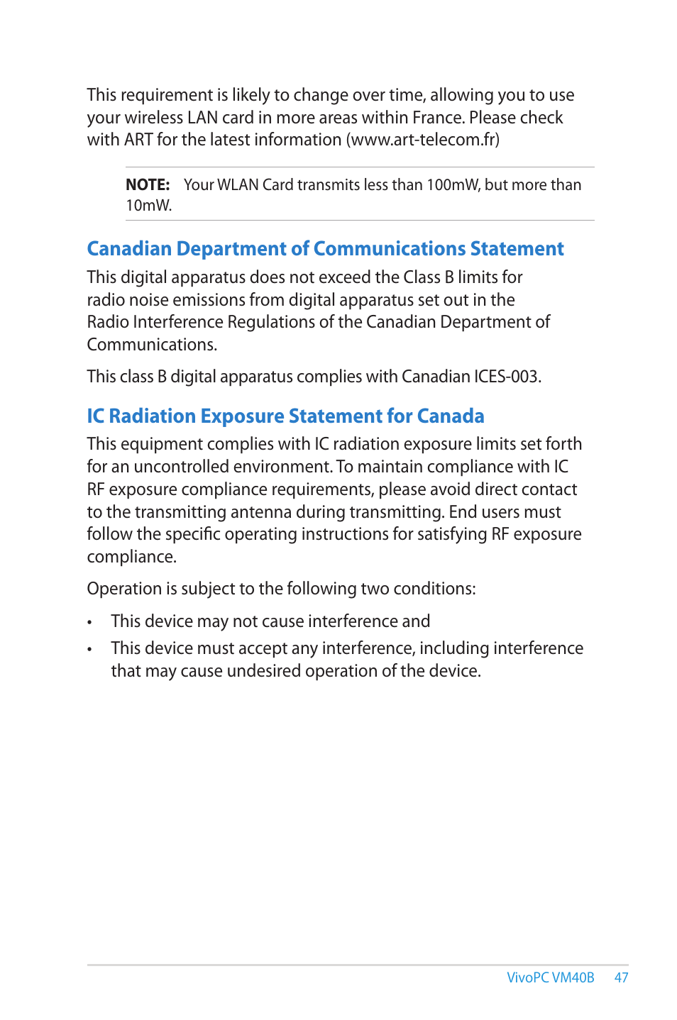 Canadian department of communications statement, Ic radiation exposure statement for canada | Asus VM40B User Manual | Page 47 / 52