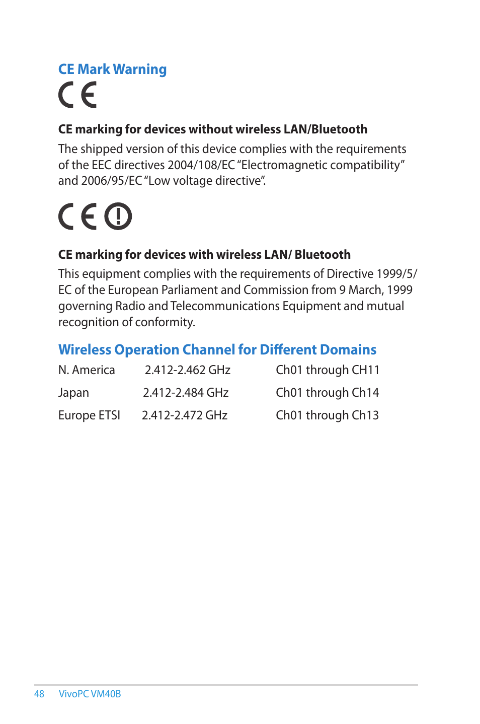 Ce mark warning, Wireless operation channel for different domains | Asus VM40B User Manual | Page 48 / 52