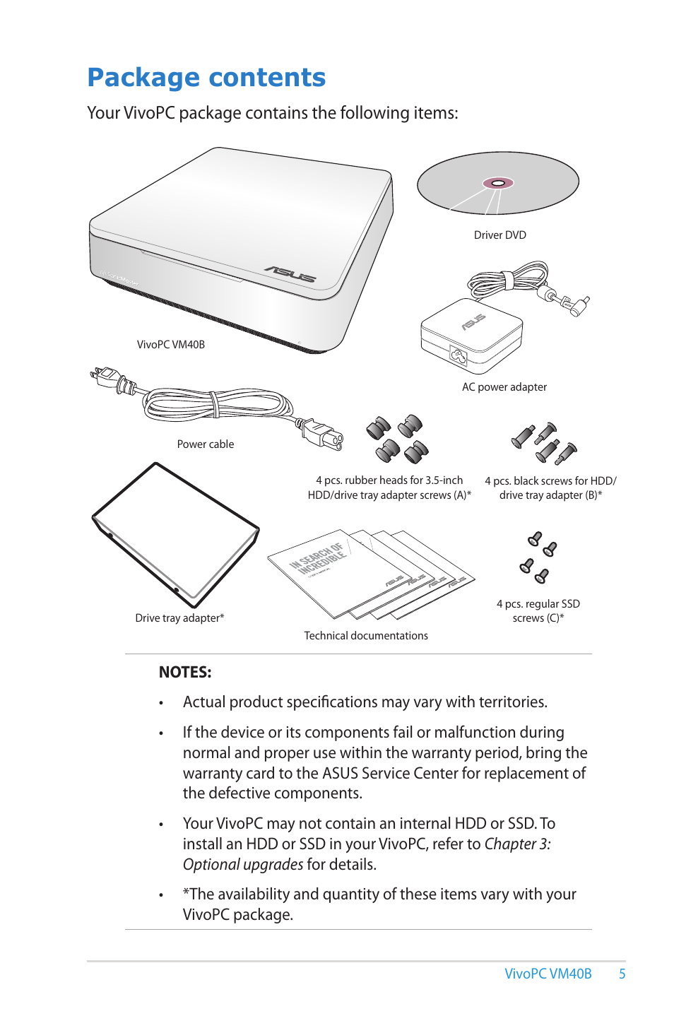 Package contents, Your vivopc package contains the following items | Asus VM40B User Manual | Page 5 / 52