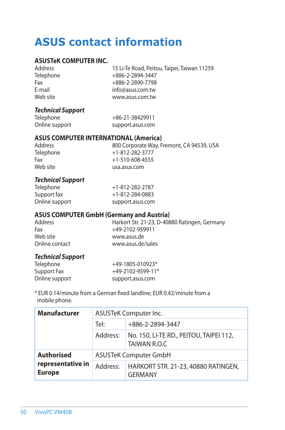 Asus contact information | Asus VM40B User Manual | Page 50 / 52