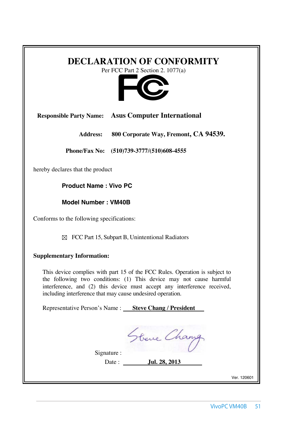 Declaration of conformity, Asus computer international | Asus VM40B User Manual | Page 51 / 52