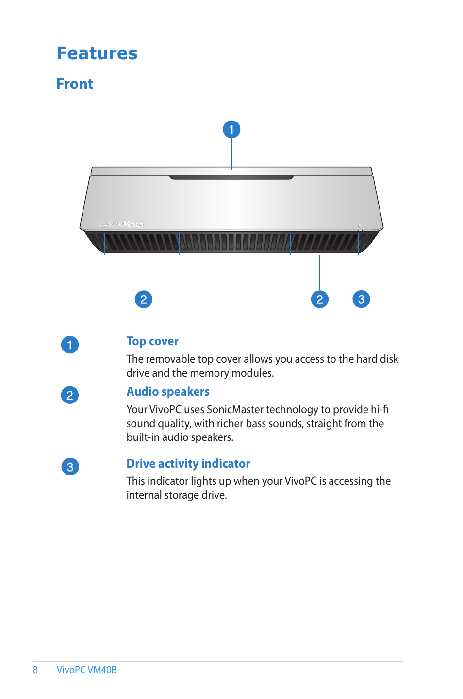 Features, Front | Asus VM40B User Manual | Page 8 / 52