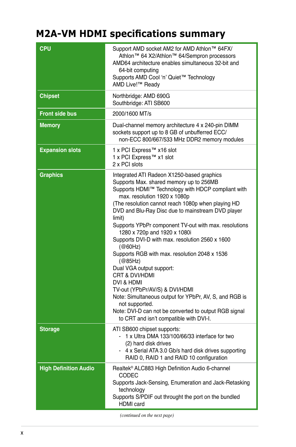 M2a-vm hdmi specifications summary | Asus M2A-VM HDMI User Manual | Page 10 / 100