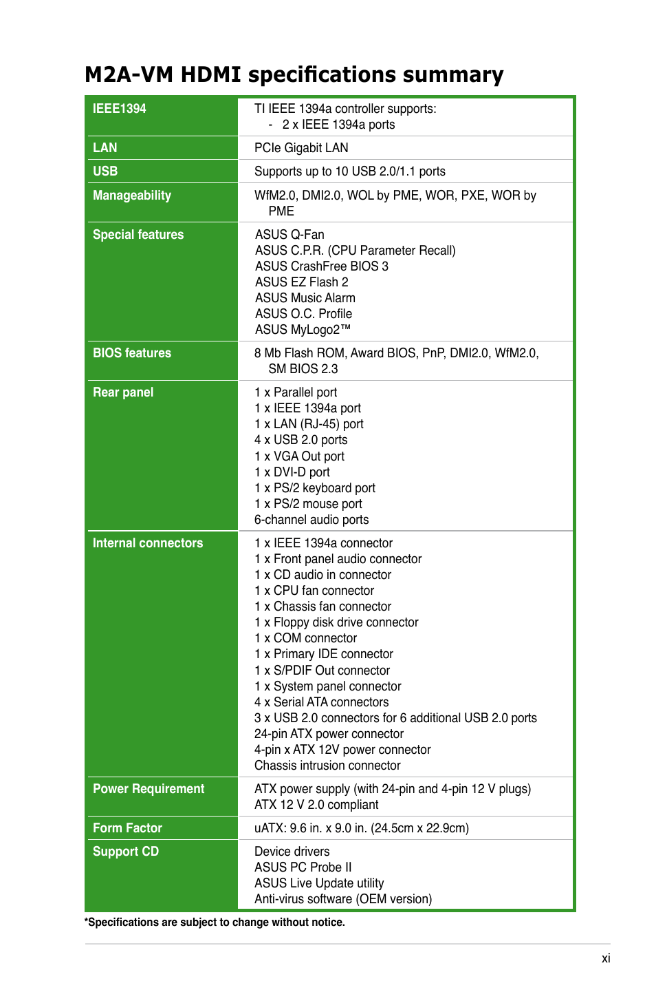 M2a-vm hdmi specifications summary | Asus M2A-VM HDMI User Manual | Page 11 / 100