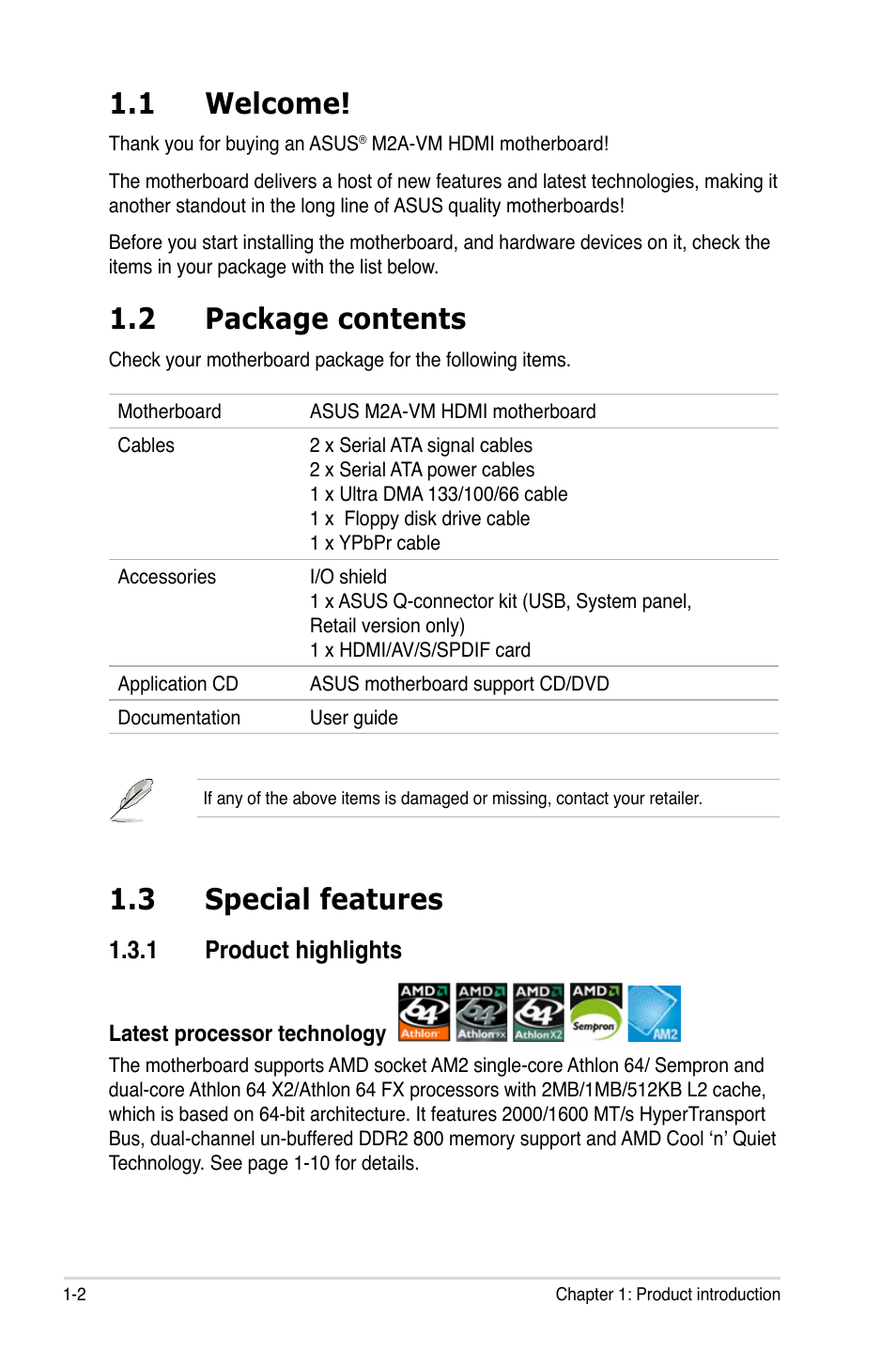 1 welcome, 2 package contents, 3 special features | 1 product highlights | Asus M2A-VM HDMI User Manual | Page 14 / 100