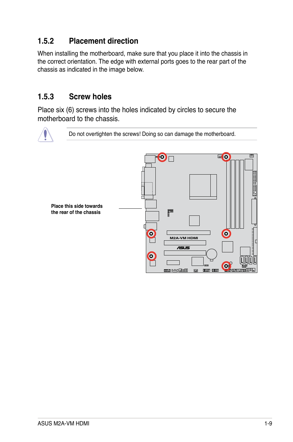 Placement.direction, Screw.holes | Asus M2A-VM HDMI User Manual | Page 21 / 100