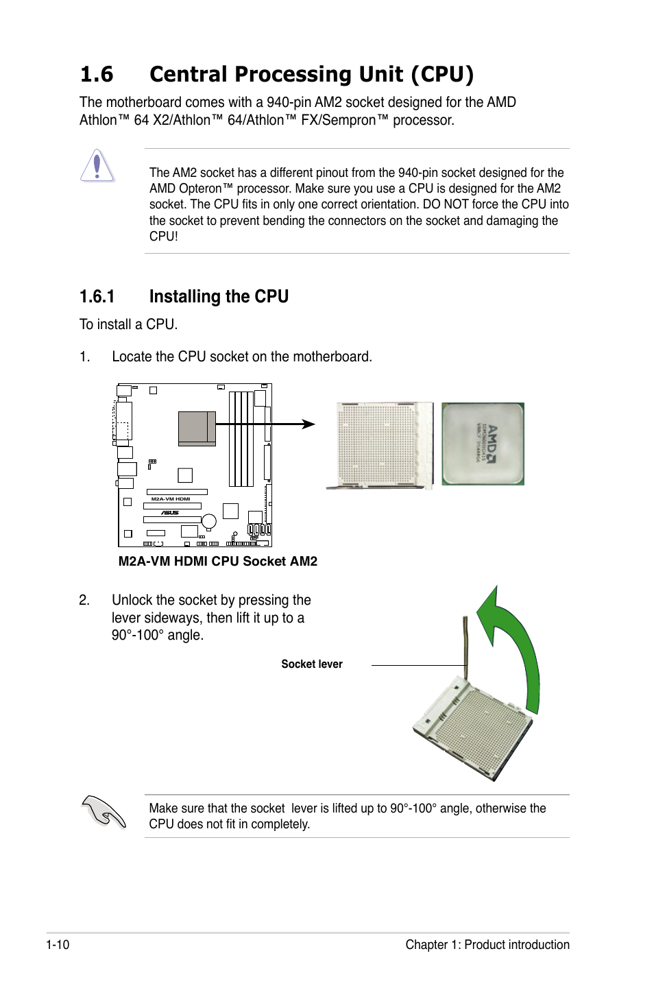 6 central processing unit (cpu), Installing.the.cpu | Asus M2A-VM HDMI User Manual | Page 22 / 100