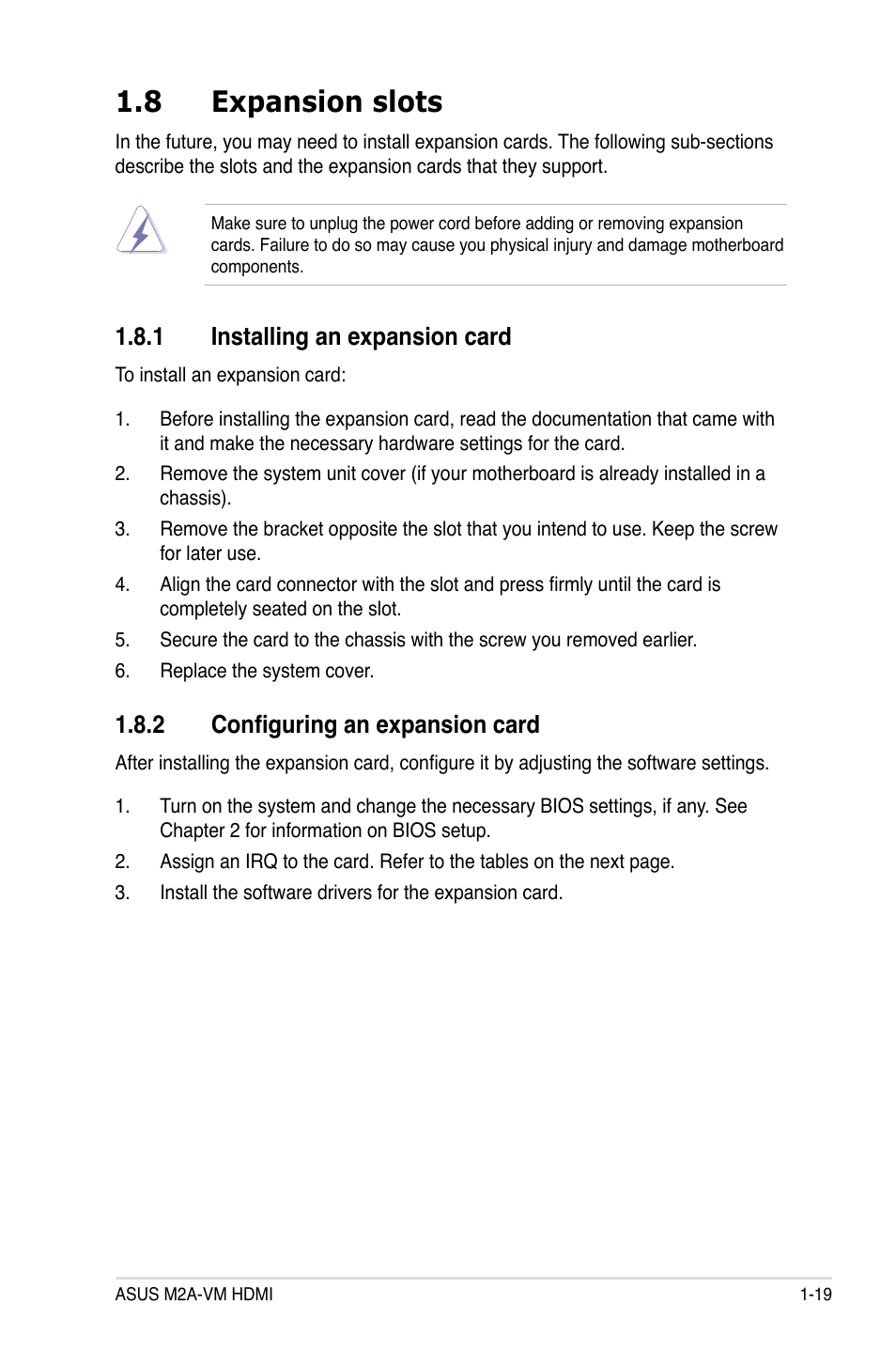 8 expansion slots, Installing.an.expansion.card, 2 configuring an expansion card | Asus M2A-VM HDMI User Manual | Page 31 / 100