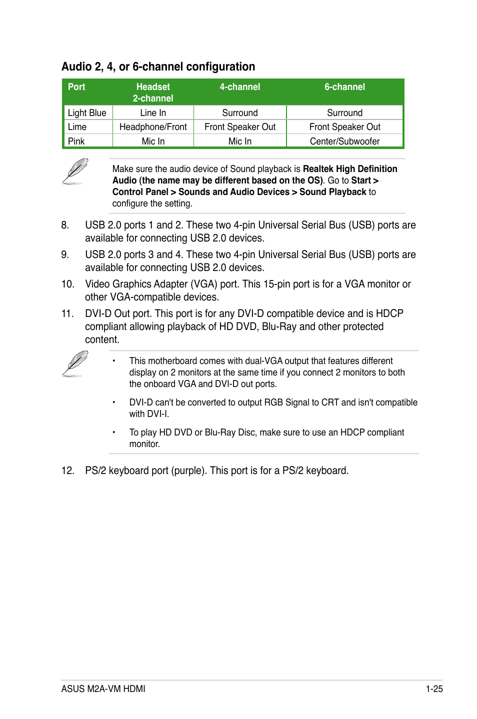 Audio 2, 4, or 6-channel configuration | Asus M2A-VM HDMI User Manual | Page 37 / 100