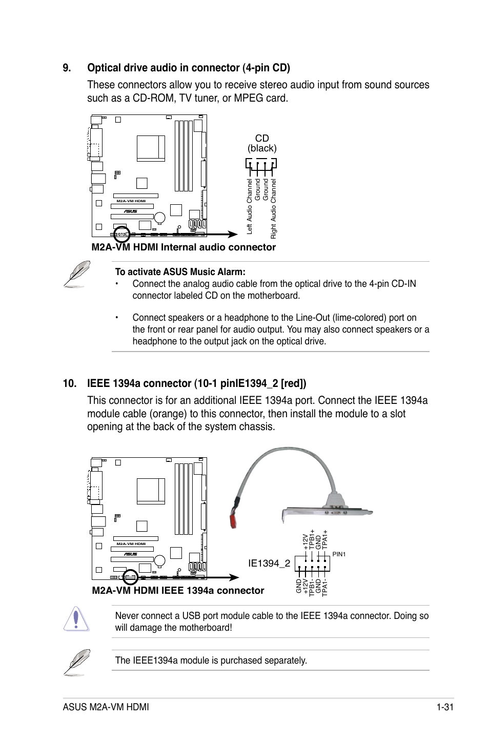 Asus m2a-vm hdmi 1-31, The ieee1394a module is purchased separately, M2a-vm hdmi internal audio connector cd (black) | Asus M2A-VM HDMI User Manual | Page 43 / 100