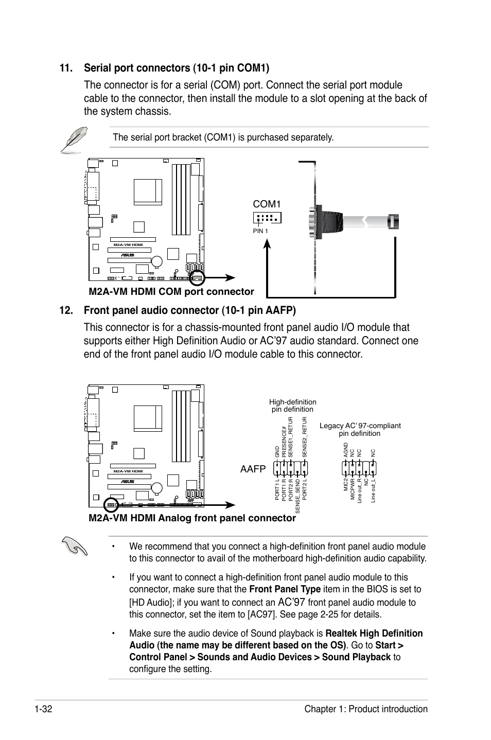 Ac’97, 32 chapter 1: product introduction, M2a-vm hdmi com port connector | Com1, M2a-vm hdmi analog front panel connector aafp | Asus M2A-VM HDMI User Manual | Page 44 / 100