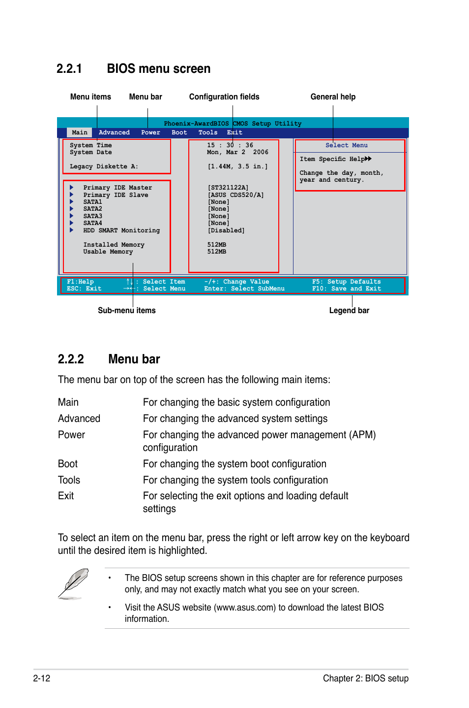 1 bios menu screen 2.2.2 menu bar | Asus M2A-VM HDMI User Manual | Page 62 / 100