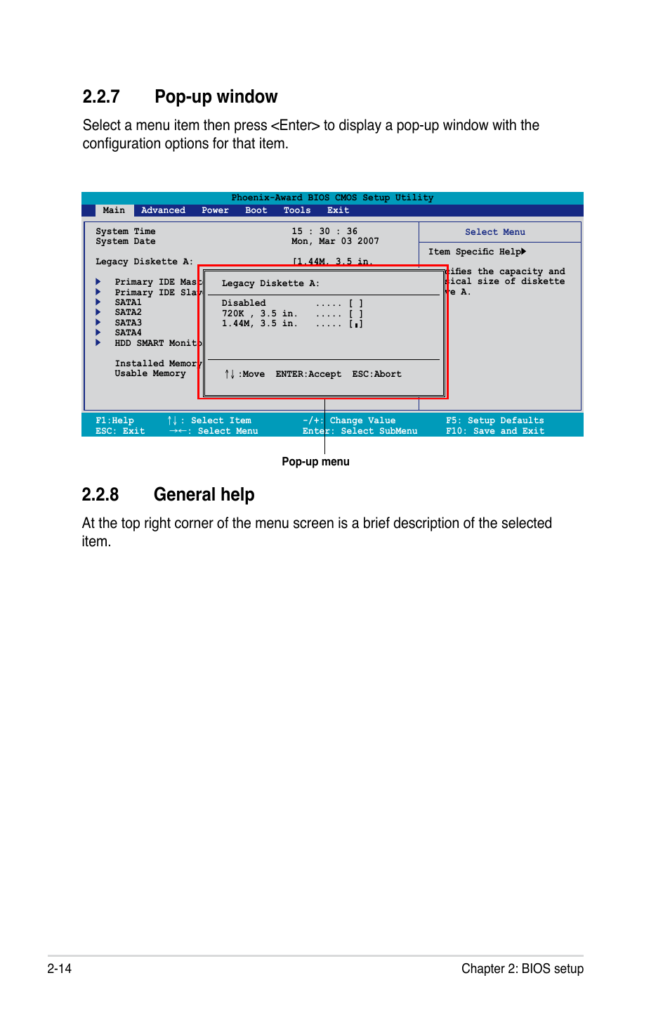 7 pop-up window, General.help, 14 chapter 2: bios setup | Asus M2A-VM HDMI User Manual | Page 64 / 100