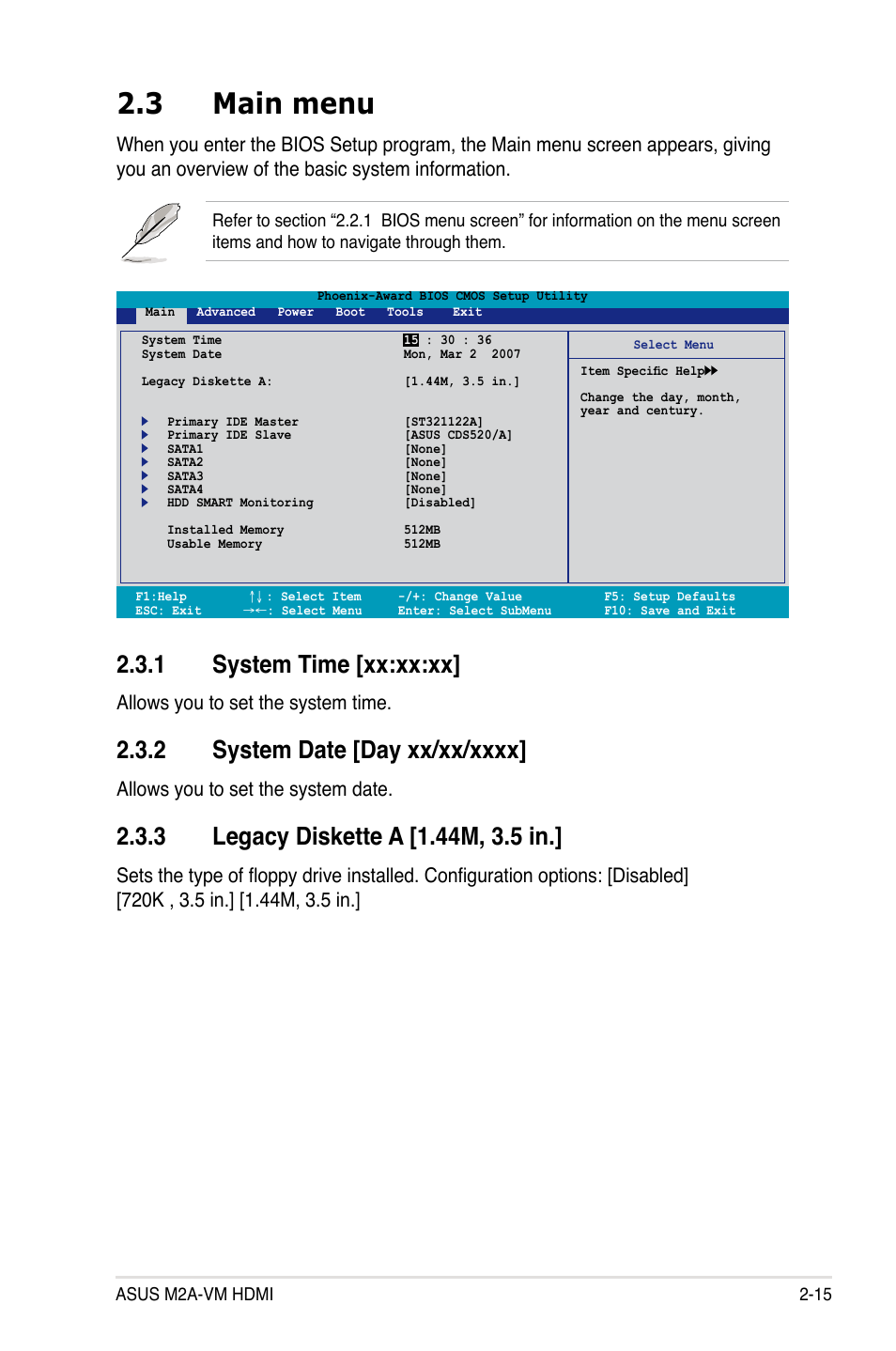 3 main menu, System.time.[xx:xx:xx, Allows you to set the system time | Allows you to set the system date | Asus M2A-VM HDMI User Manual | Page 65 / 100