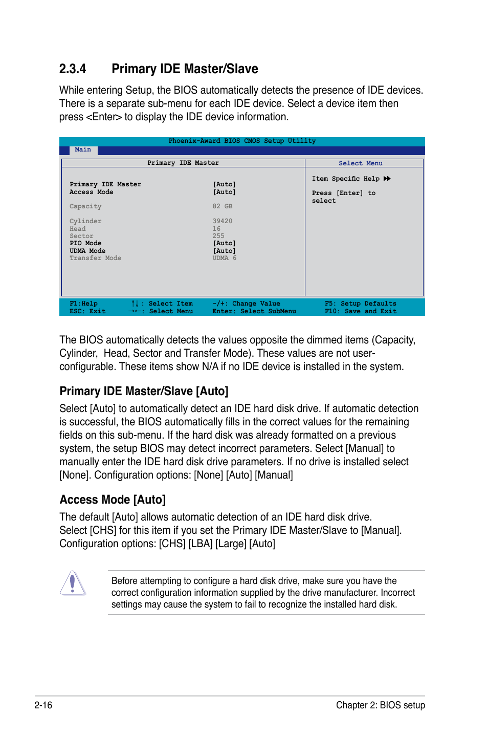 4 primary ide master/slave, Primary ide master/slave [auto, Access mode [auto | Asus M2A-VM HDMI User Manual | Page 66 / 100