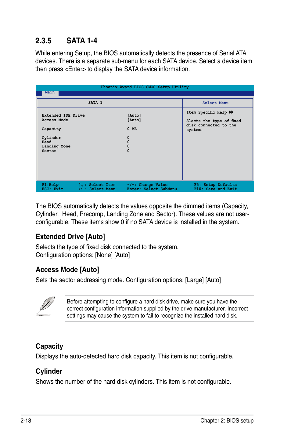 Sata.1-4, Extended drive [auto, Access mode [auto | Capacity, Cylinder | Asus M2A-VM HDMI User Manual | Page 68 / 100