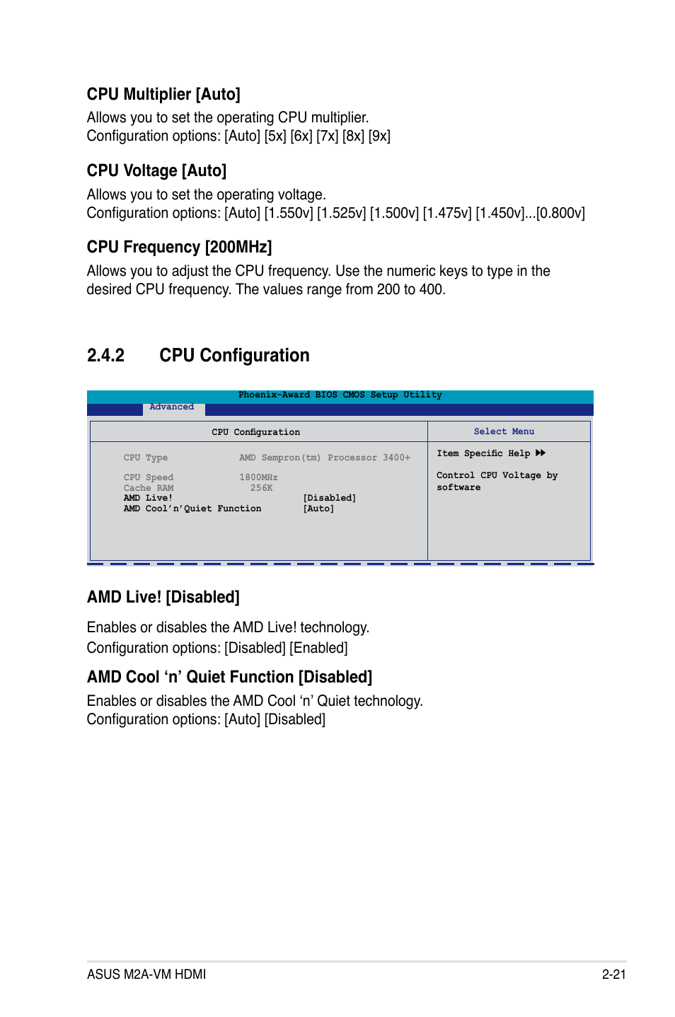 2 cpu configuration, Amd.live!.[disabled, Amd cool ‘n’ quiet function [disabled | Cpu multiplier [auto, Cpu voltage [auto, Cpu frequency [200mhz | Asus M2A-VM HDMI User Manual | Page 71 / 100