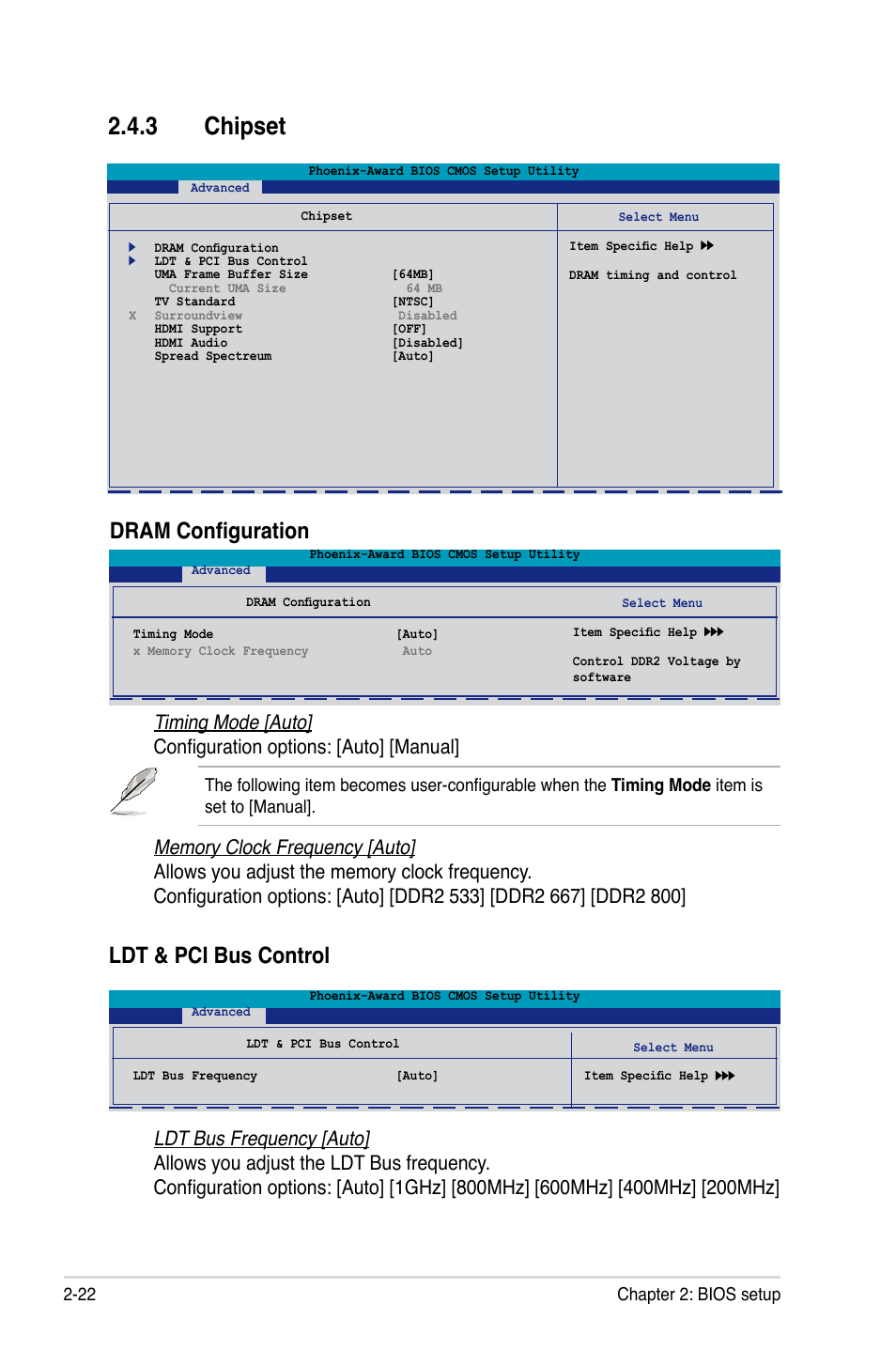 Chipset, Dram configuration, Ldt & pci bus control | 22 chapter 2: bios setup | Asus M2A-VM HDMI User Manual | Page 72 / 100