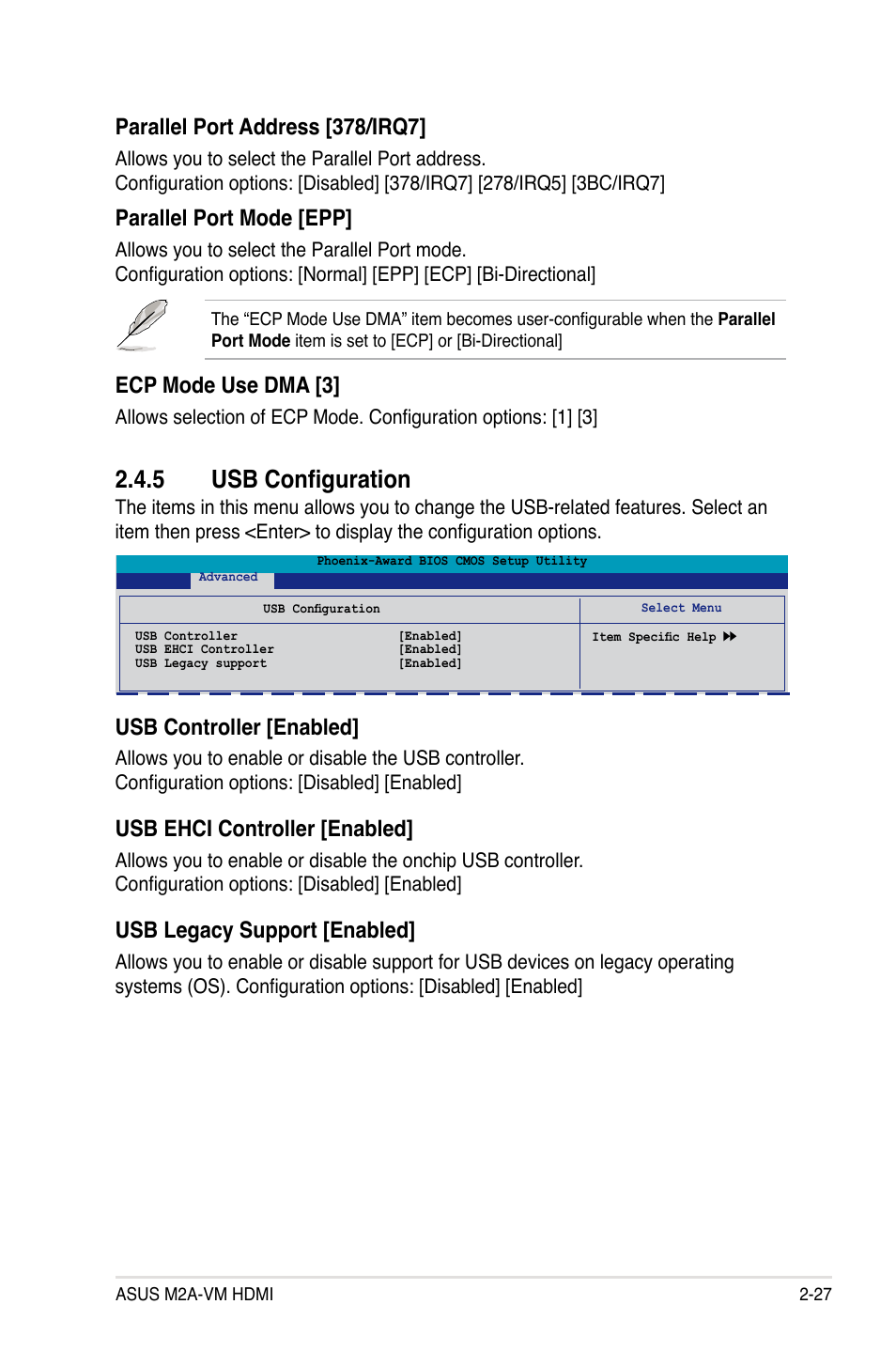 5 usb configuration, Parallel.port.mode.[epp, Parallel port address [378/irq7 | Usb.controller.[enabled, Usb.ehci.controller.[enabled, Usb legacy support [enabled | Asus M2A-VM HDMI User Manual | Page 77 / 100