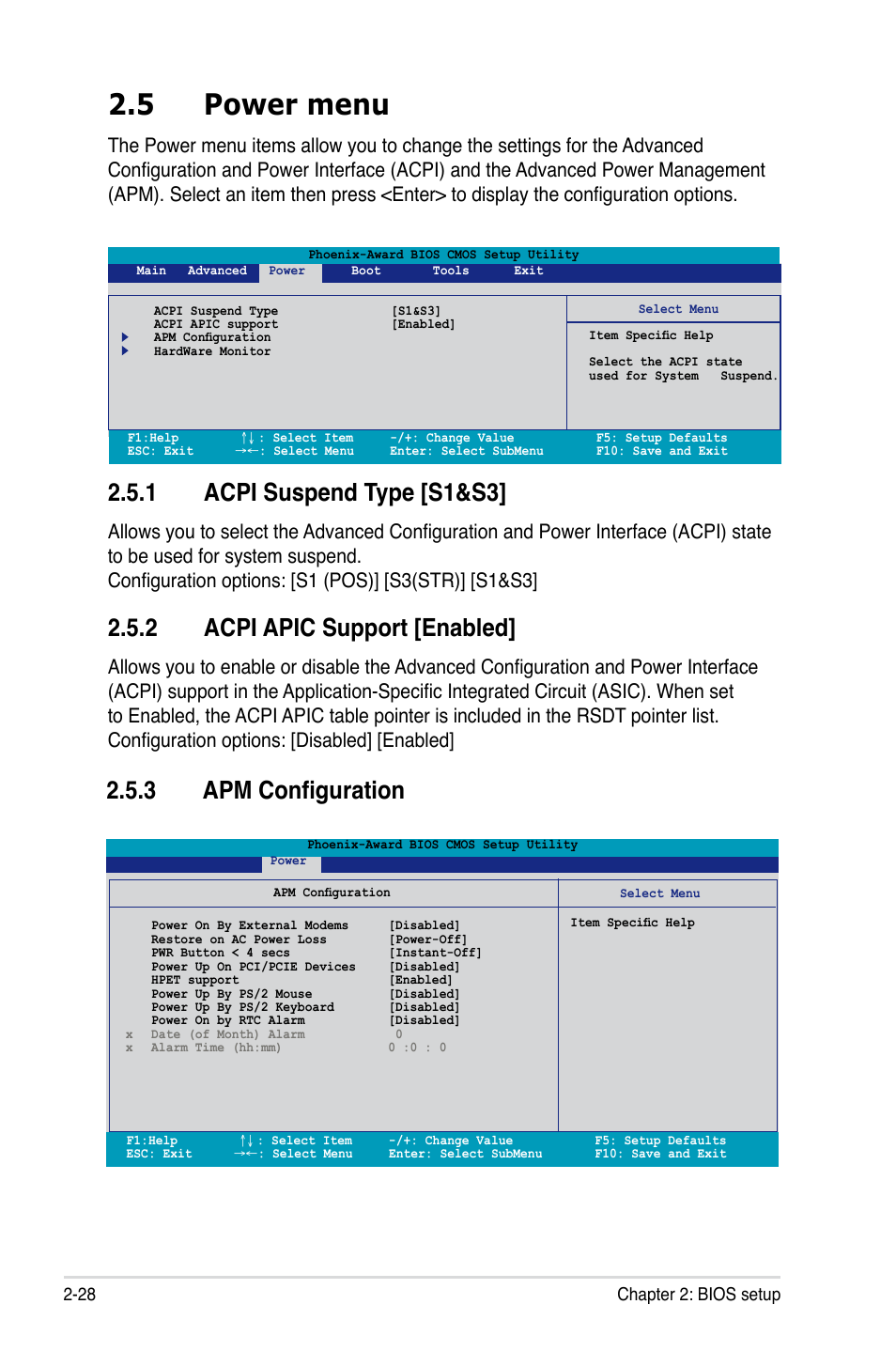 5 power menu, 1 acpi suspend type [s1&s3, 2 acpi apic support [enabled | 3 apm configuration | Asus M2A-VM HDMI User Manual | Page 78 / 100