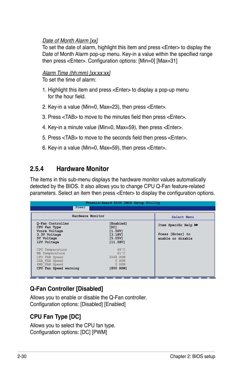 Hardware.monitor, Q-fan.controller.[disabled, Cpu.fan.type.[dc | Asus M2A-VM HDMI User Manual | Page 80 / 100