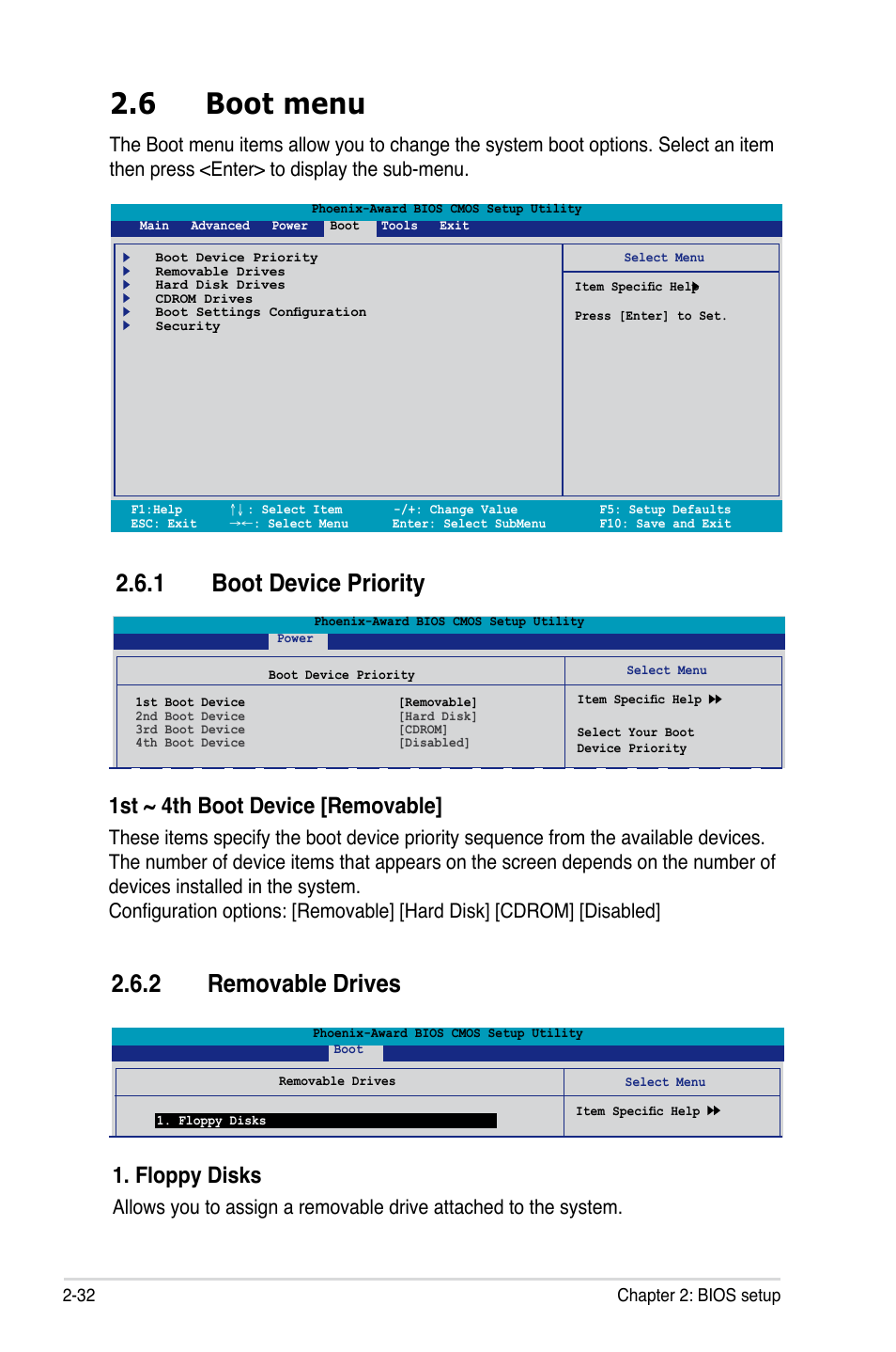 6 boot menu, Boot.device.priority, Removable.drives | 1st.~.4th.boot.device.[removable, Floppy.disks | Asus M2A-VM HDMI User Manual | Page 82 / 100