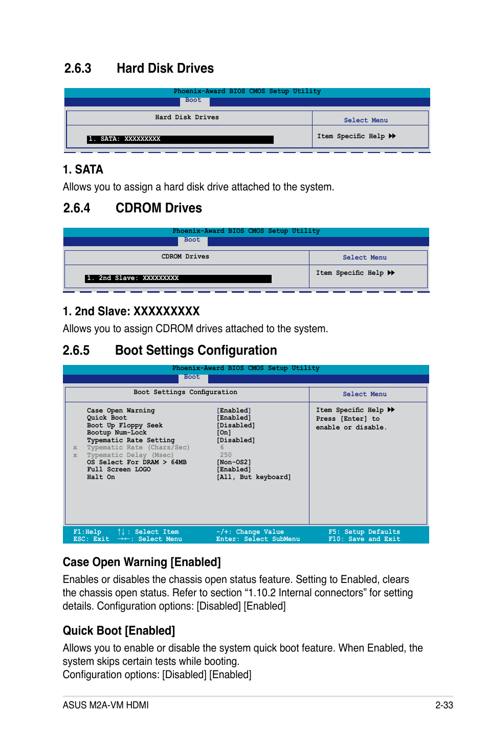 Cdrom.drives, Hard.disk.drives, 5 boot settings configuration | Sata, Case.open.warning.[enabled, Quick boot [enabled | Asus M2A-VM HDMI User Manual | Page 83 / 100