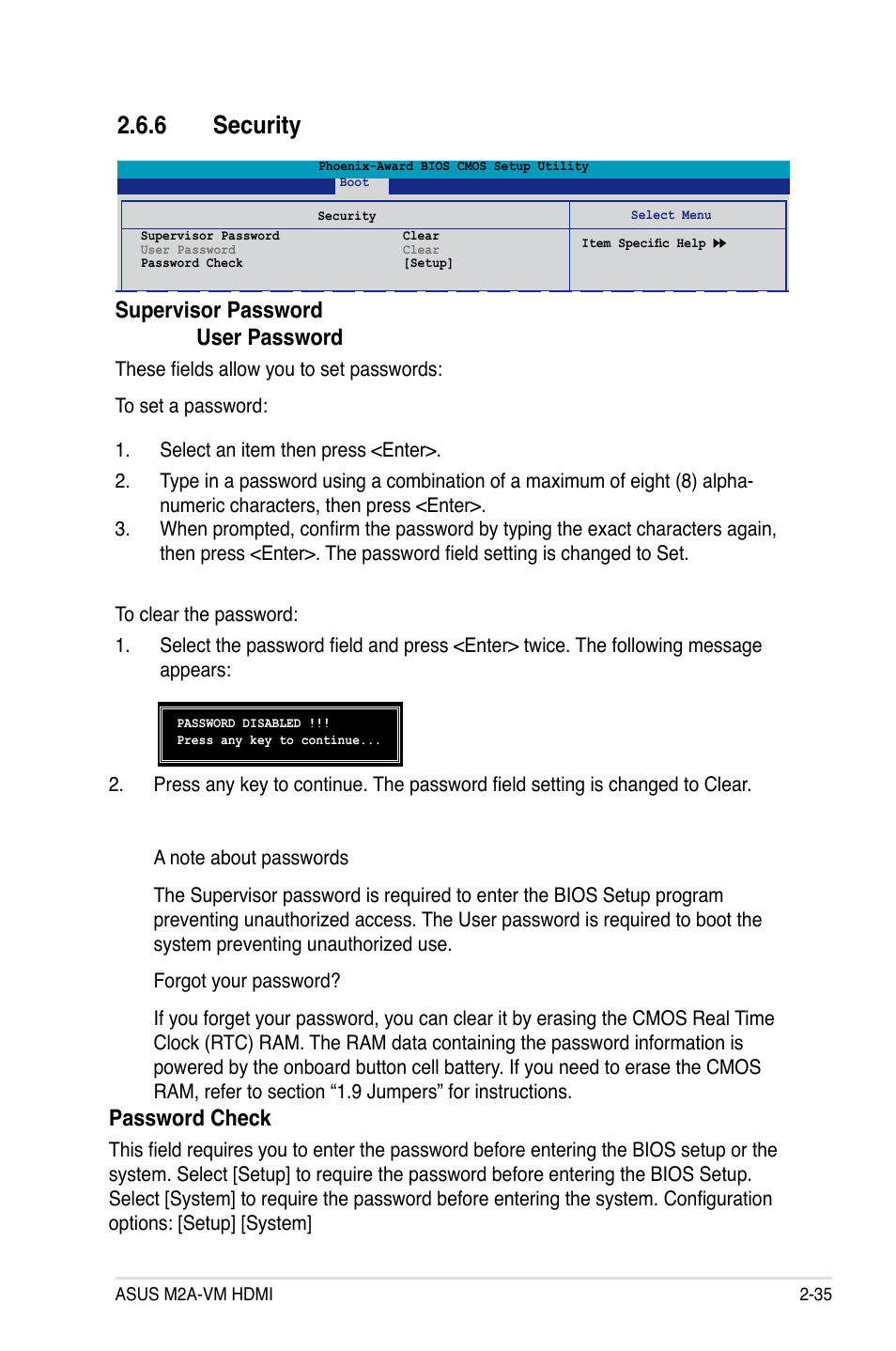 6 security, Supervisor password . user.password, Password.check | Asus M2A-VM HDMI User Manual | Page 85 / 100