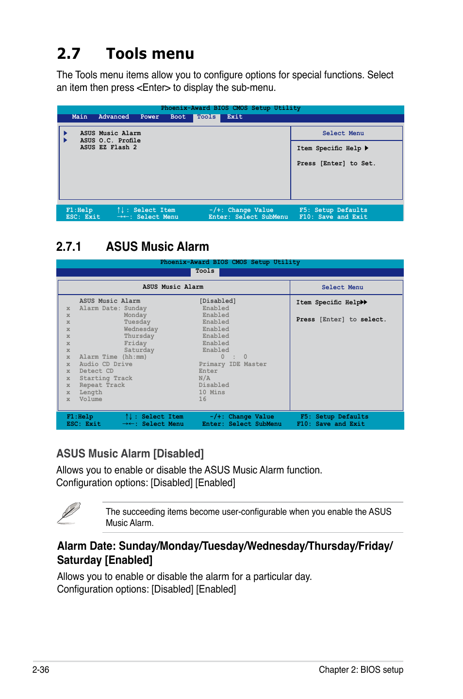 7 tools menu, 1 asus music alarm, Asus music alarm [disabled | Asus M2A-VM HDMI User Manual | Page 86 / 100