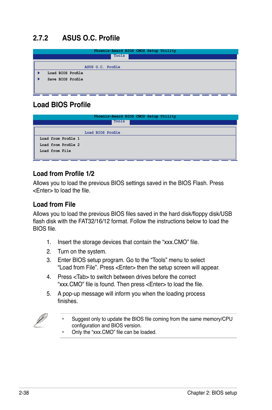 2 asus o.c. profile, Load bios profile, Load from profile 1/2 | Load.from.file | Asus M2A-VM HDMI User Manual | Page 88 / 100
