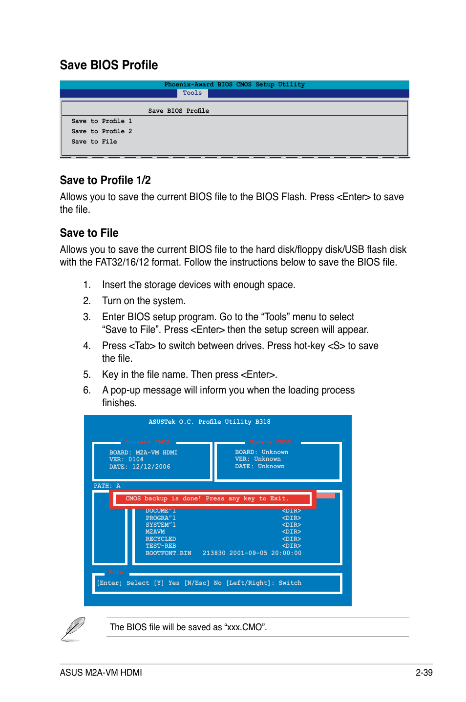 Save bios profile, Save to profile 1/2, Save.to.file | Asus M2A-VM HDMI User Manual | Page 89 / 100