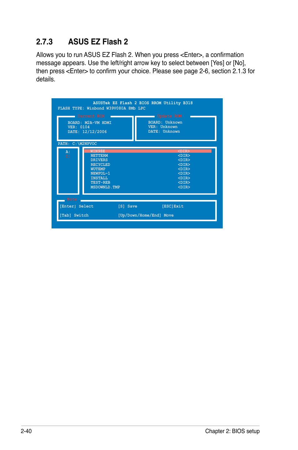 Asus.ez.flash.2, 40 chapter 2: bios setup | Asus M2A-VM HDMI User Manual | Page 90 / 100