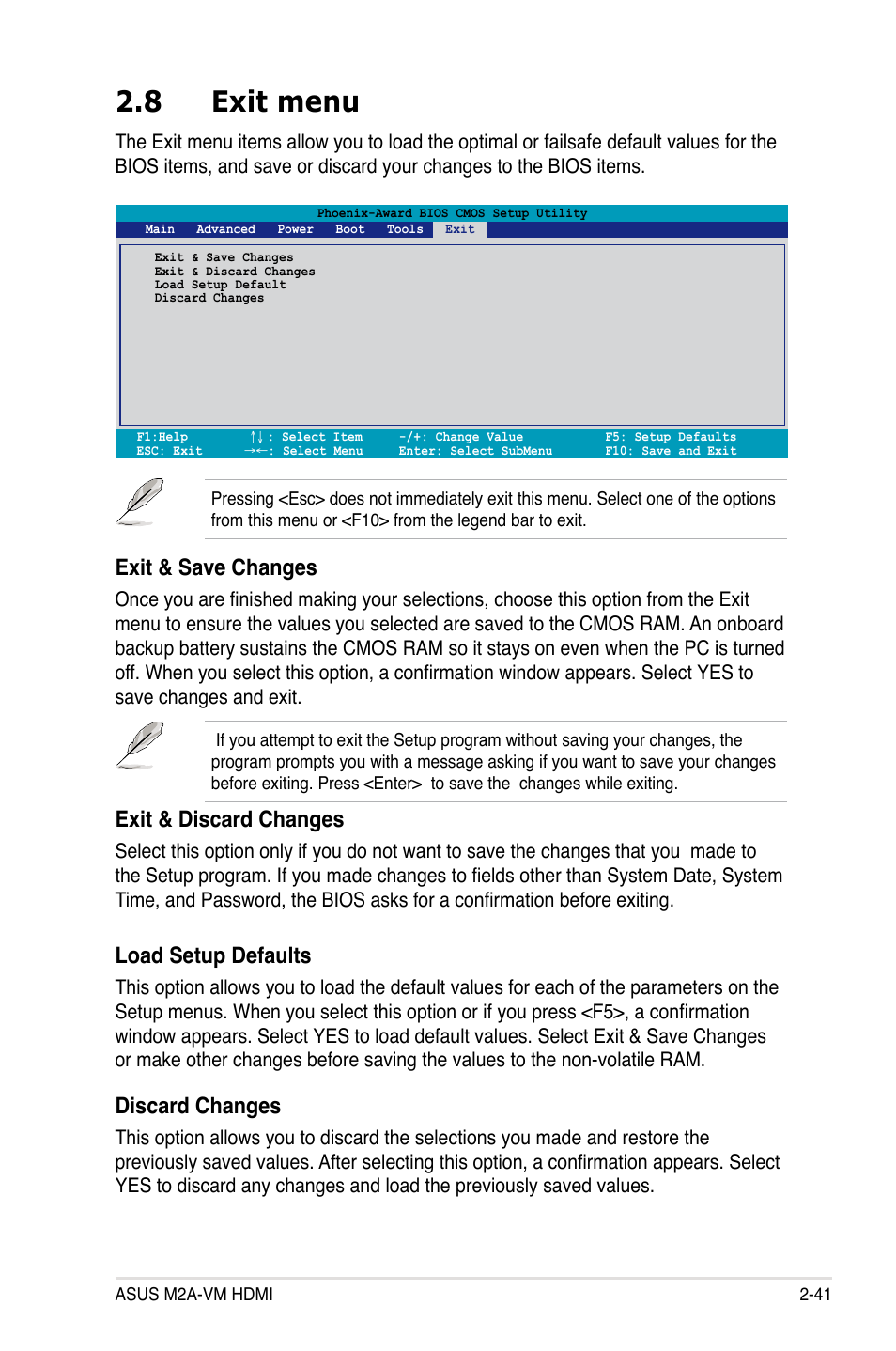 8 exit menu, Exit.&.save.changes, Exit.&.discard.changes | Load setup defaults, Discard.changes | Asus M2A-VM HDMI User Manual | Page 91 / 100