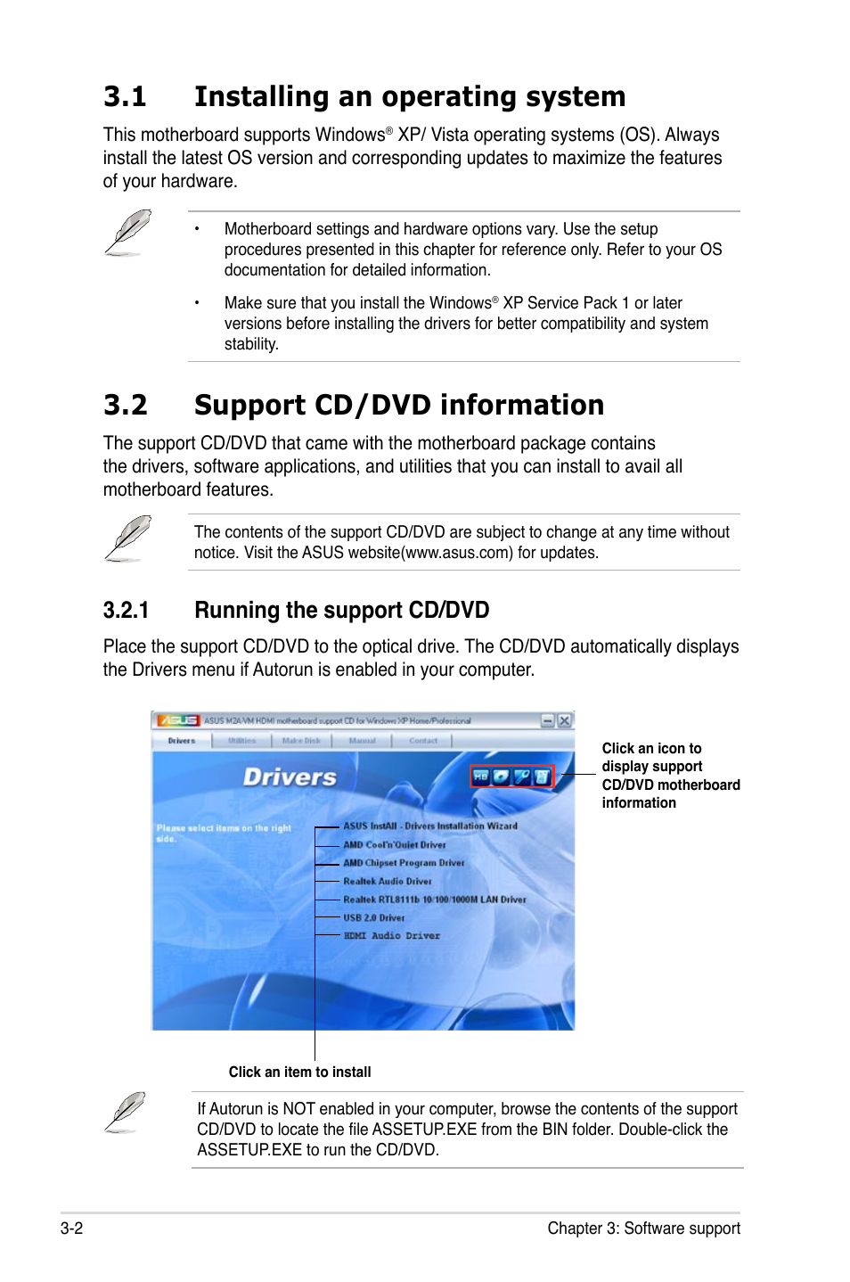 1 installing an operating system, 2 support cd/dvd information, 1 running the support cd/dvd | Asus M2A-VM HDMI User Manual | Page 94 / 100