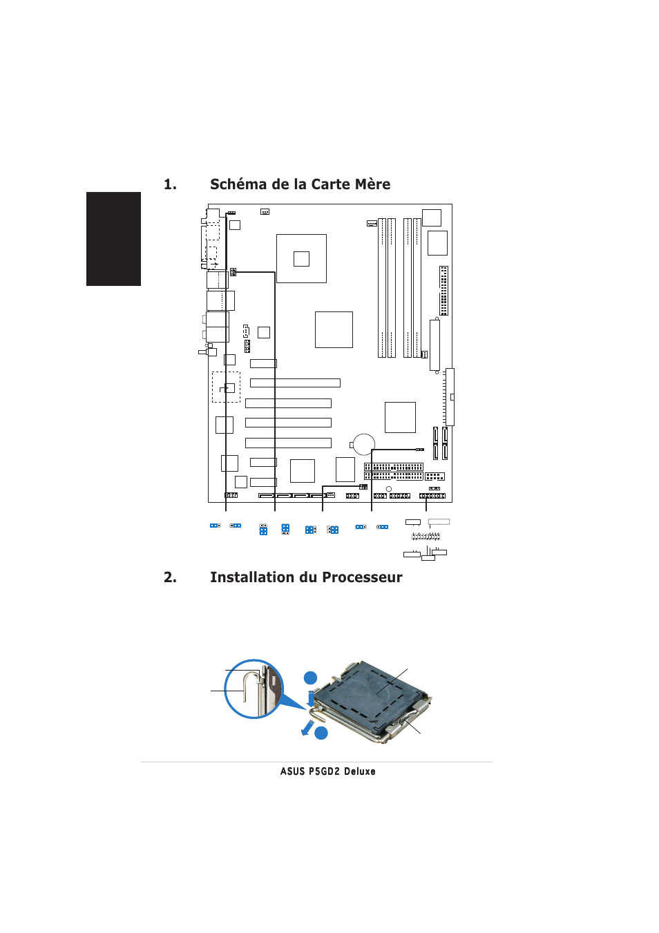 Installation du processeur, Schéma de la carte mère, Français | Pentium, Intel 915p | Asus P5GD2 Deluxe User Manual | Page 2 / 16