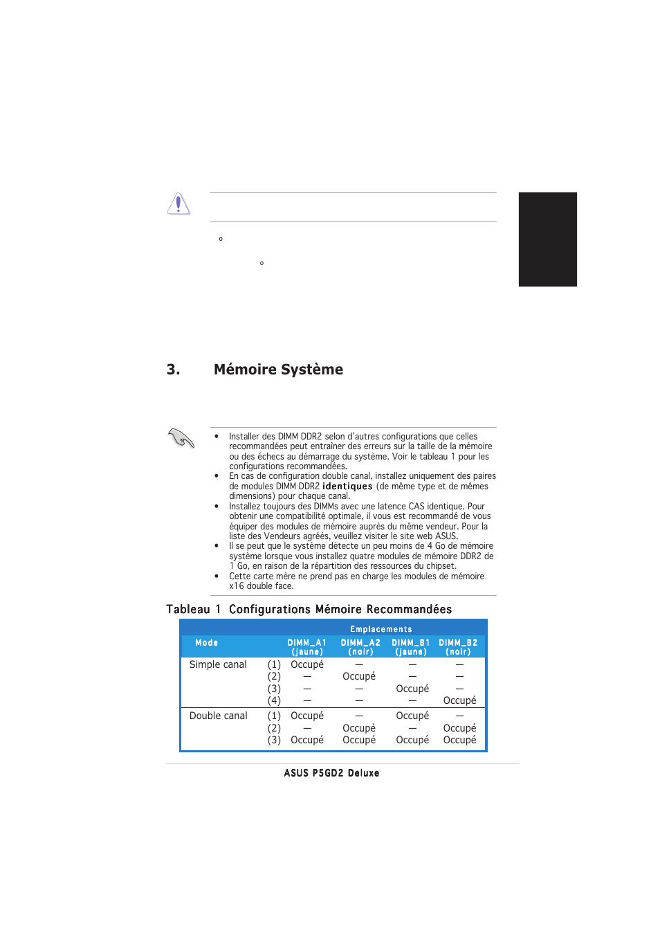 Mémoire système, Fran ç ais | Asus P5GD2 Deluxe User Manual | Page 3 / 16