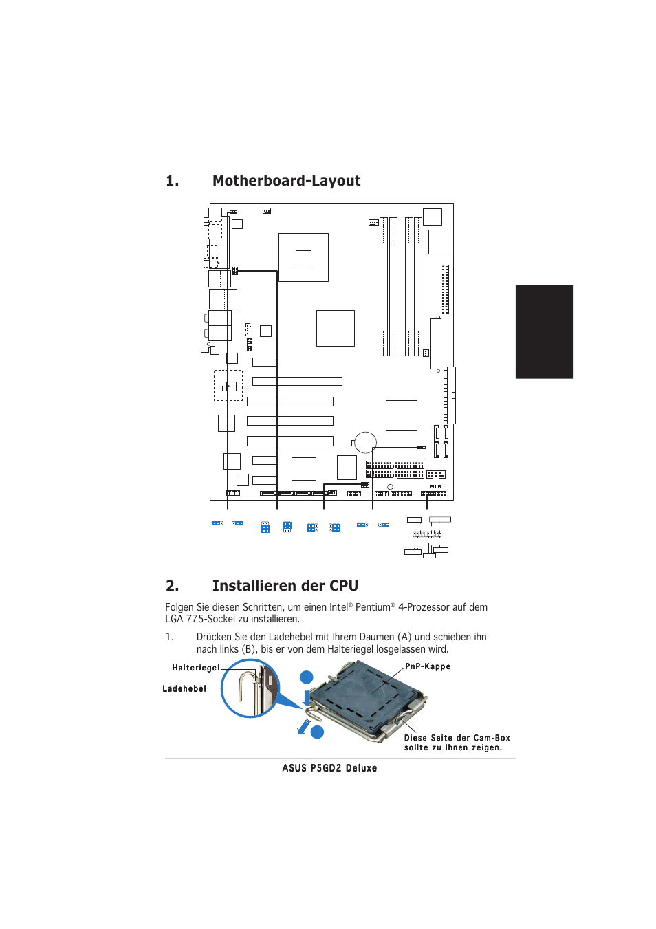 Installieren der cpu, Motherboard-layout, Deutsch | Folgen sie diesen schritten, um einen intel, Pentium, Intel 915p | Asus P5GD2 Deluxe User Manual | Page 5 / 16