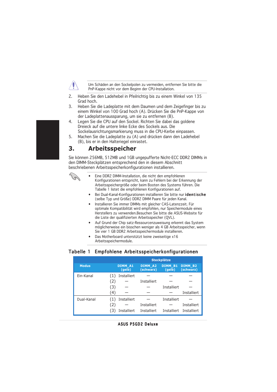 Arbeitsspeicher, Deutsch | Asus P5GD2 Deluxe User Manual | Page 6 / 16