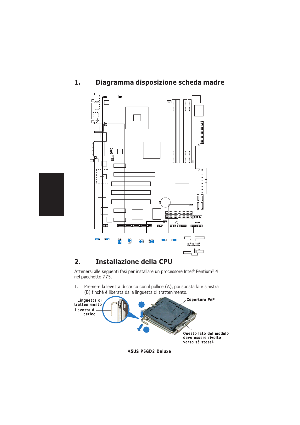 Installazione della cpu, Diagramma disposizione scheda madre, Italiano | Pentium, Intel 915p | Asus P5GD2 Deluxe User Manual | Page 8 / 16