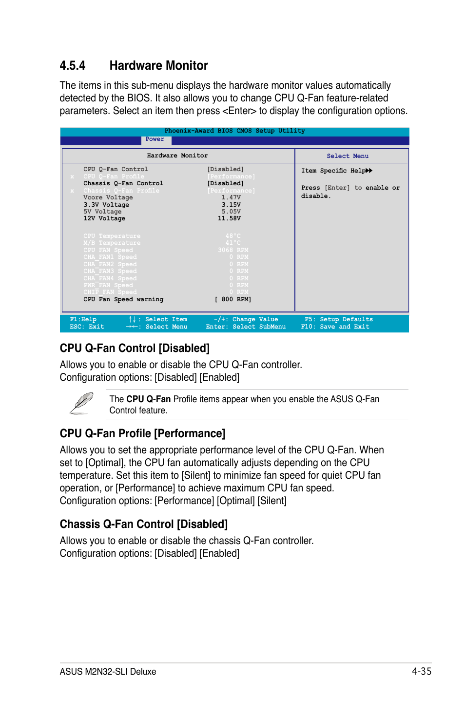 4 hardware monitor, Cpu q-fan control [disabled, Cpu q-fan profile [performance | Chassis q-fan control [disabled | Asus M2N32-SLI Deluxe User Manual | Page 101 / 170