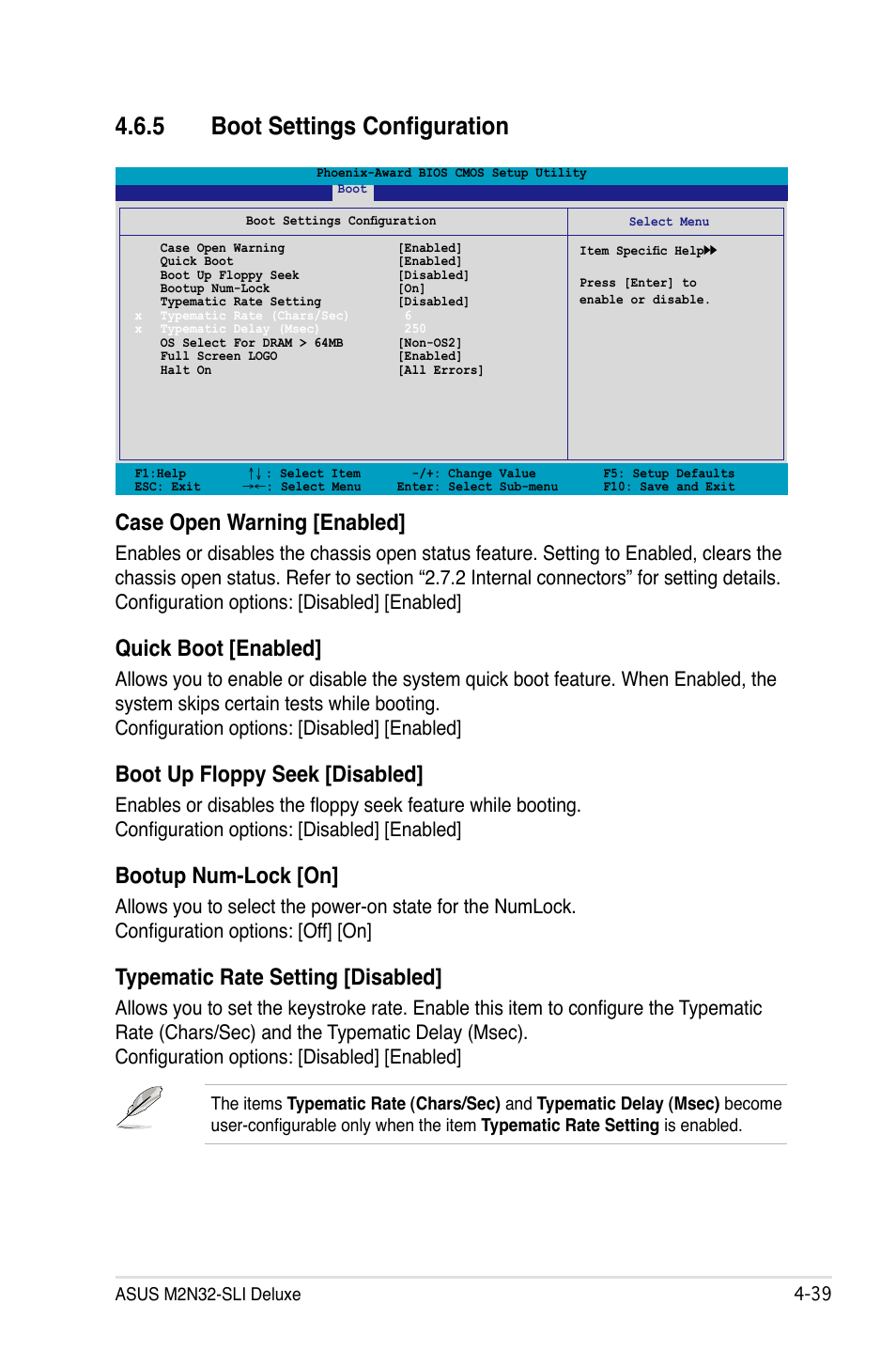 5 boot settings configuration, Case open warning [enabled, Quick boot [enabled | Boot up floppy seek [disabled, Bootup num-lock [on, Typematic rate setting [disabled | Asus M2N32-SLI Deluxe User Manual | Page 105 / 170