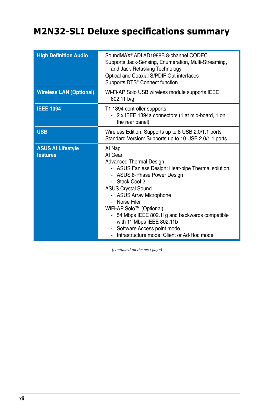 M2n32-sli deluxe specifications summary | Asus M2N32-SLI Deluxe User Manual | Page 12 / 170