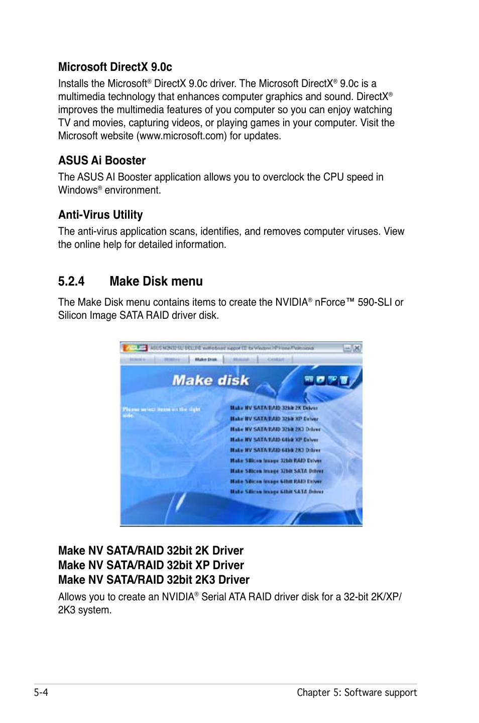 4 make disk menu, Microsoft directx 9.0c, Asus ai booster | Anti-virus utility | Asus M2N32-SLI Deluxe User Manual | Page 120 / 170