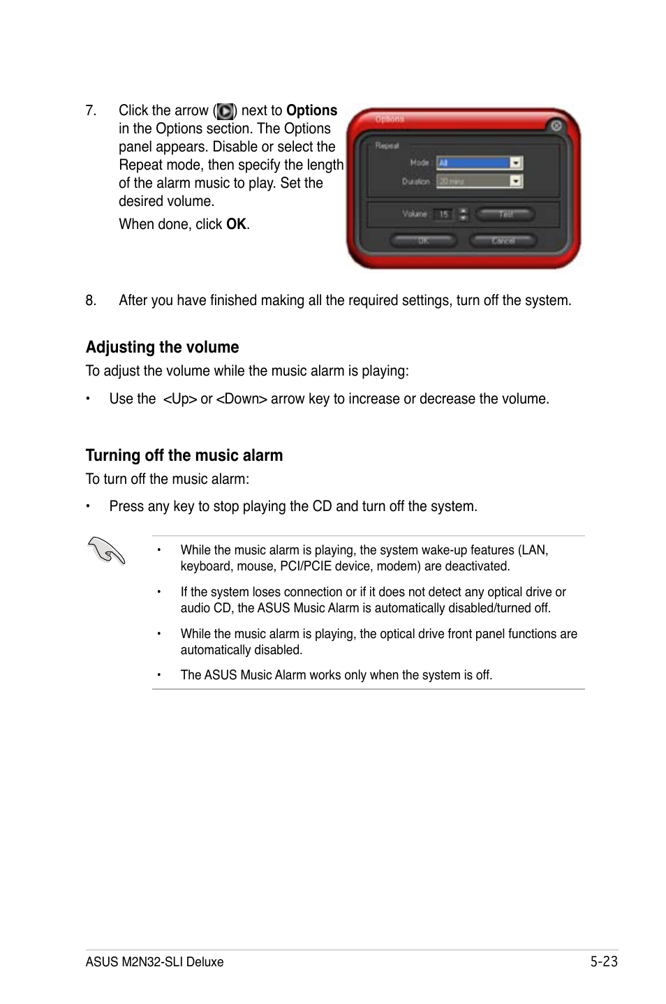 Adjusting the volume, Turning off the music alarm | Asus M2N32-SLI Deluxe User Manual | Page 139 / 170