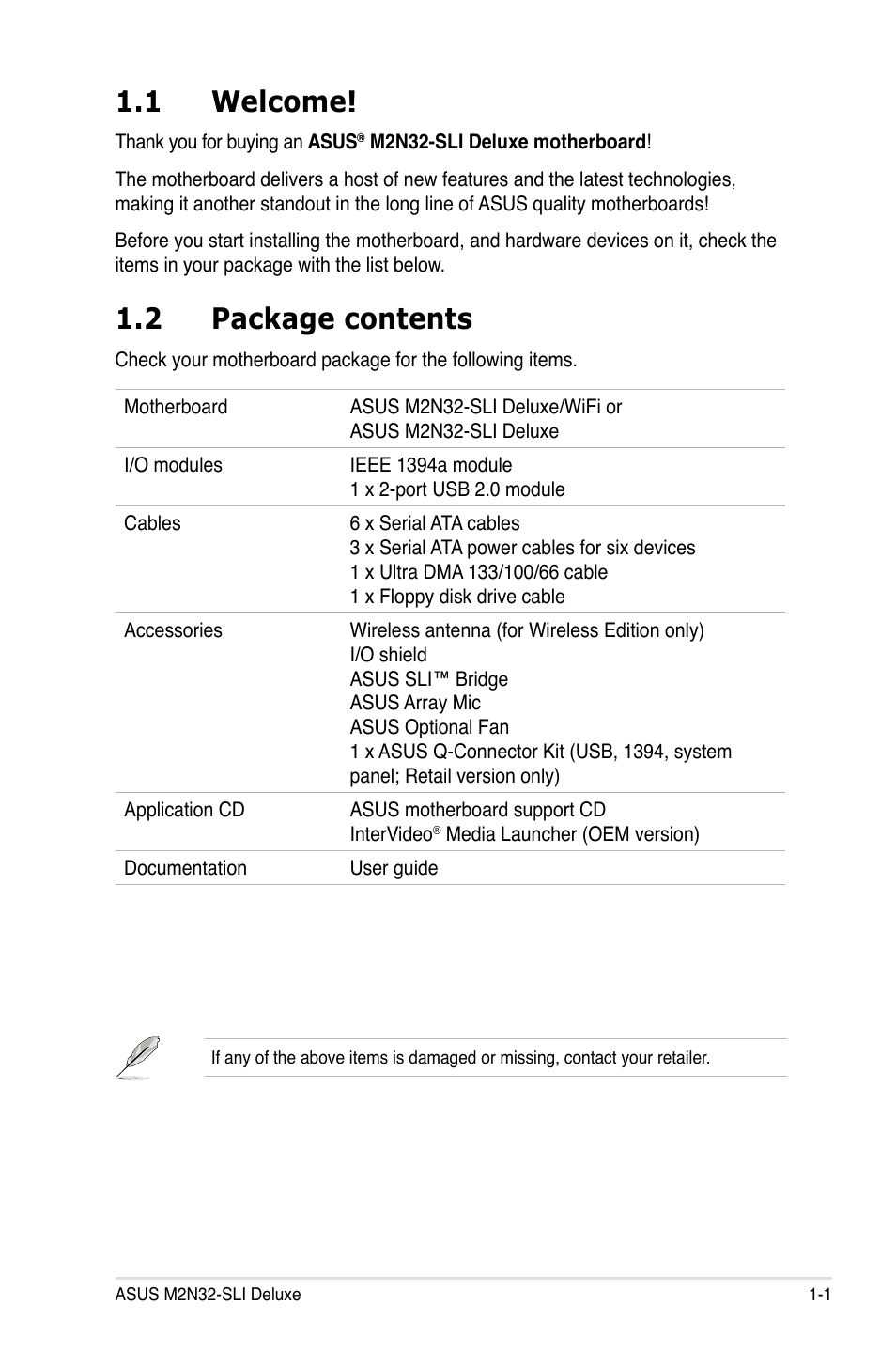 1 welcome, 2 package contents | Asus M2N32-SLI Deluxe User Manual | Page 17 / 170