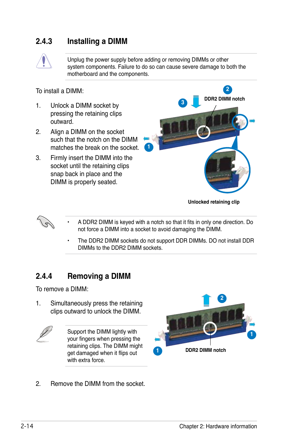 3 installing a dimm, 4 removing a dimm | Asus M2N32-SLI Deluxe User Manual | Page 40 / 170