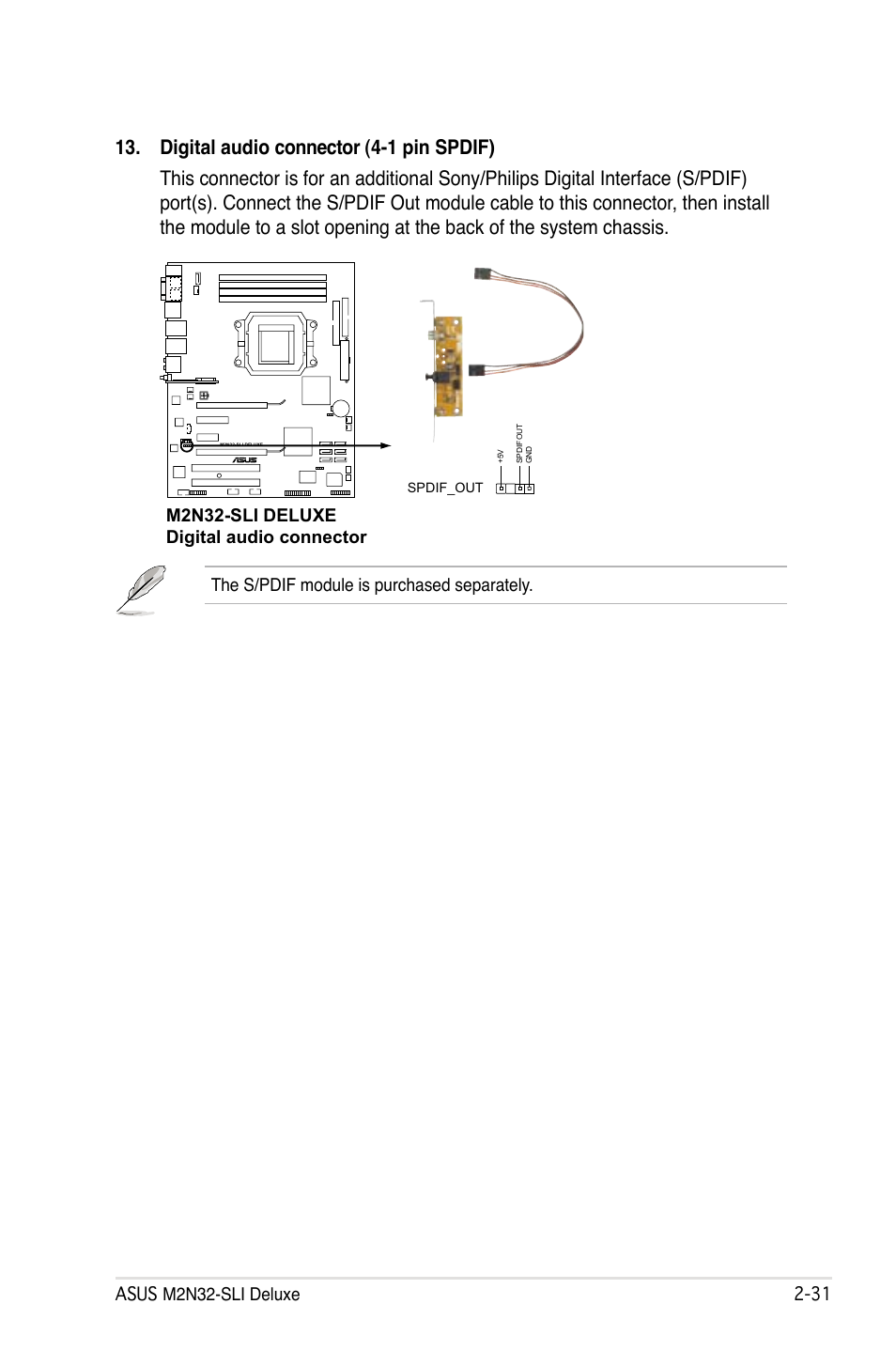 Asus m2n32-sli deluxe 2, M2n32-sli deluxe digital audio connector, The s/pdif module is purchased separately | Asus M2N32-SLI Deluxe User Manual | Page 57 / 170