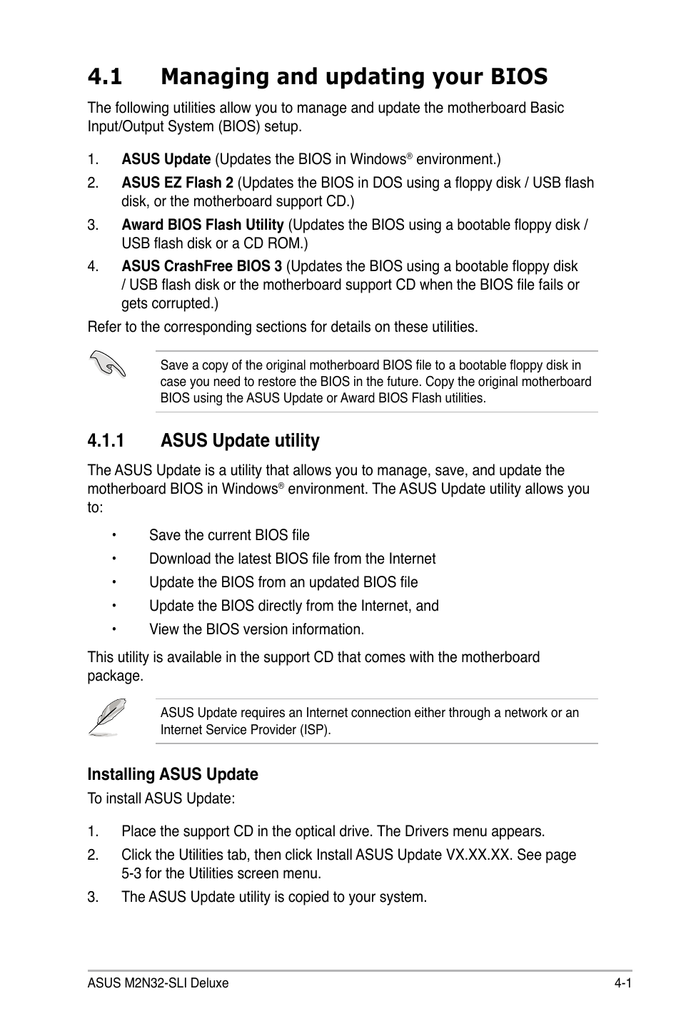 1 managing and updating your bios, 1 asus update utility | Asus M2N32-SLI Deluxe User Manual | Page 67 / 170