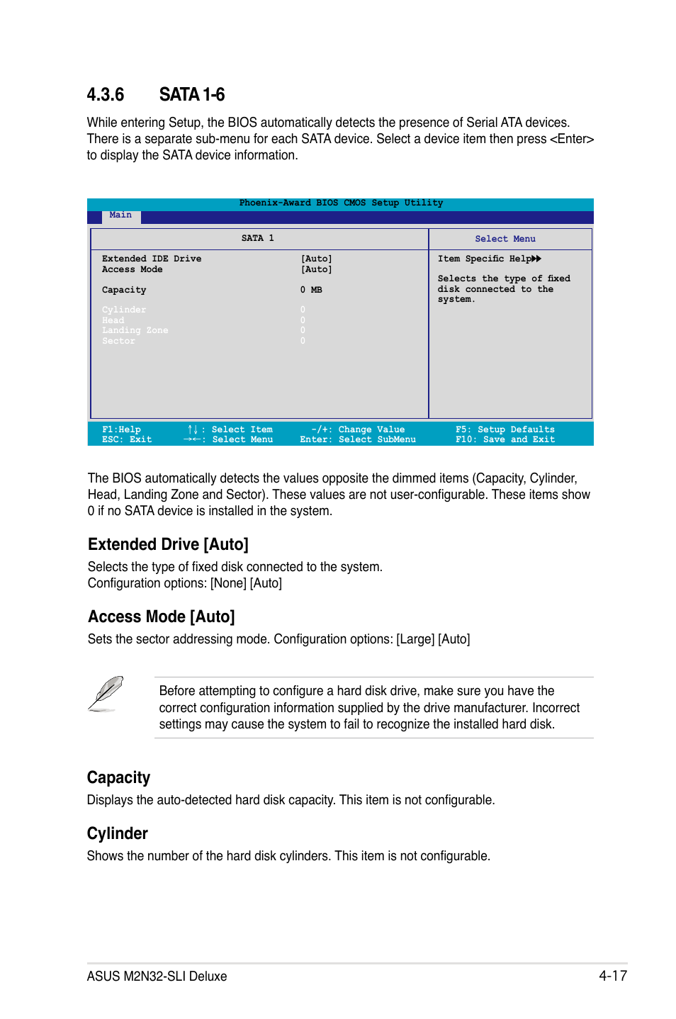 6 sata 1-6, Extended drive [auto, Access mode [auto | Capacity, Cylinder | Asus M2N32-SLI Deluxe User Manual | Page 83 / 170